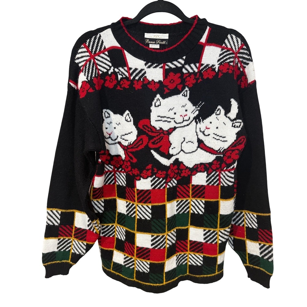 Vintage Dana Scott Christmas Cat Plaid Knit Sweater Holiday Black Red Size Small
